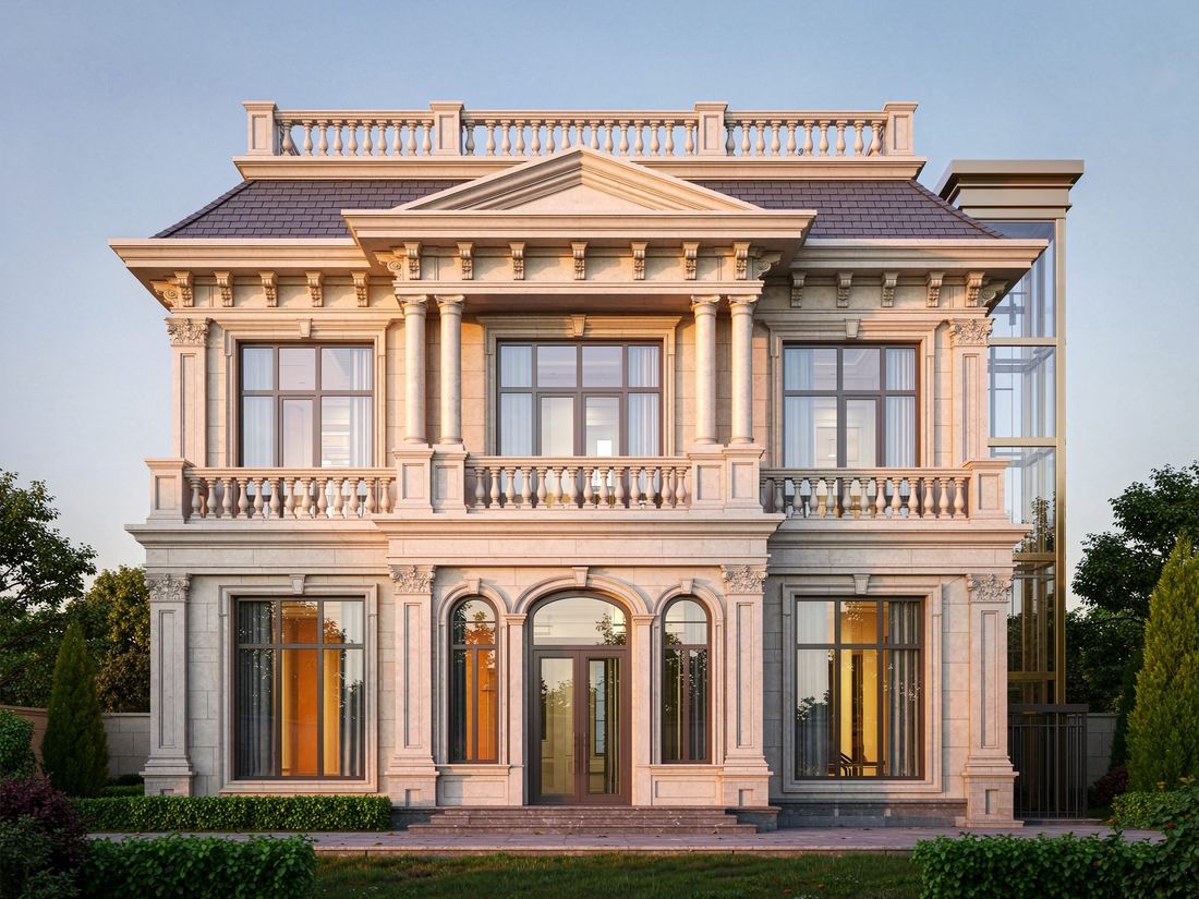 Classic European-style villa exterior with an integrated elevator tower