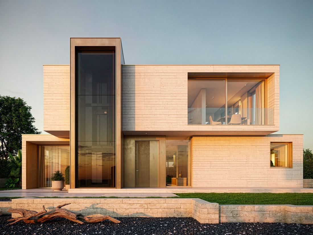 Minimalist concrete villa exterior with a home elevator shaft