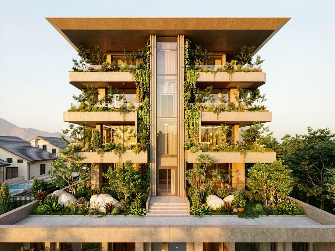 Garden terrace villa exterior with an integrated home elevator