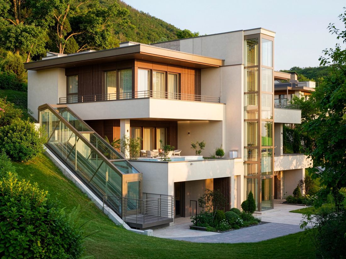 Hillside modern villa exterior with an integrated elevator shaft