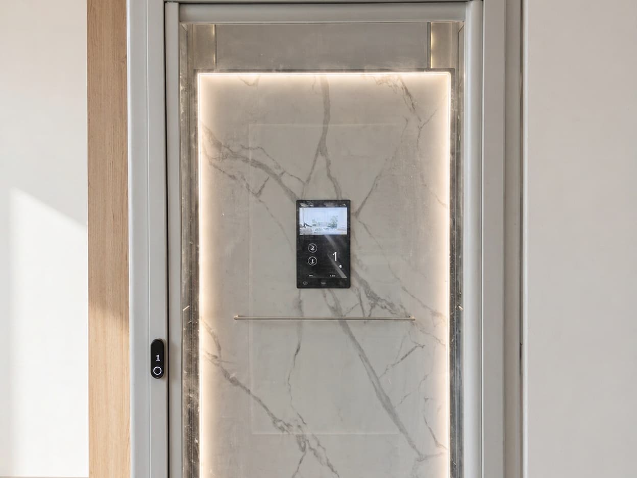 SINNVO landing door with a glowing light frame, touchscreen and call button in a white villa hallway