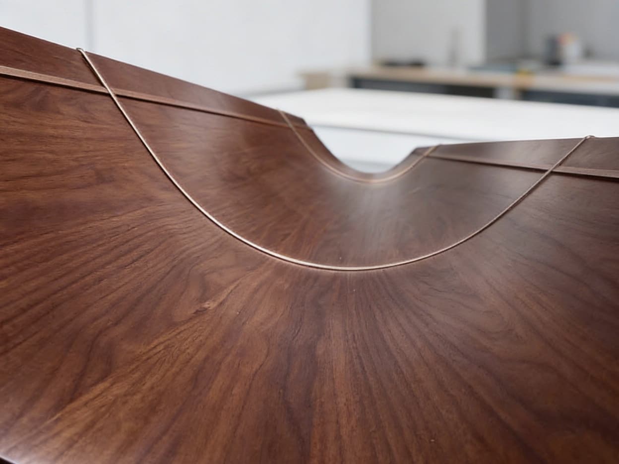 Curved walnut-veneer SINNVO cabin panel on a workshop bench