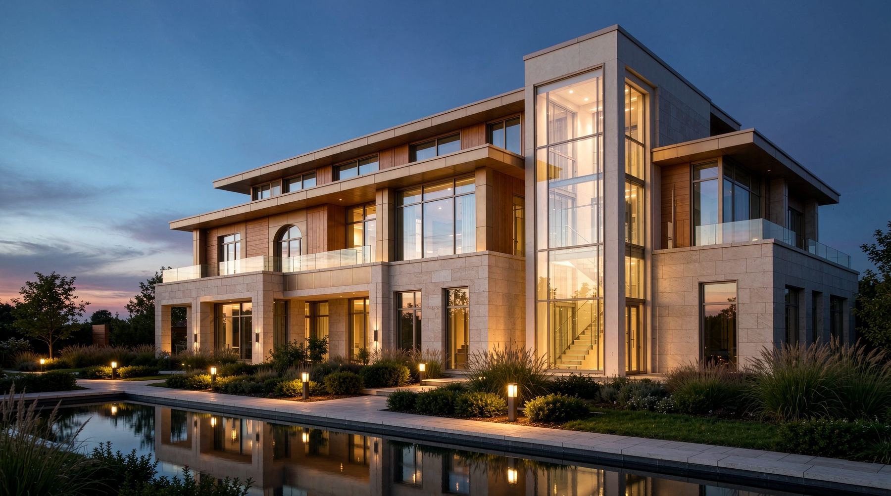 Modern villa at dusk with an integrated glass elevator shaft